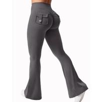 Women Wide Leg High Stretch Leggings Naked Feeling Compression Fitness Workwear with Pockets Pant M black