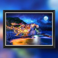 1000 dalių dėlionė + paveikslų rėmelių rinkinys - Cinque Terre su mėlynu Paukščių Taku (rėmelis įtrauktas), moderni juoda, 1000vnt blue