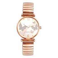 watch Butterfly analog stainless steel elastic stretch band Arabic sunray party gift for White friend Women's charm quartz, sparkling, bangle, beige