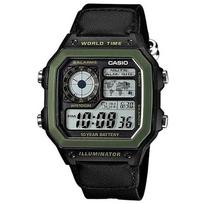 Casio Standard AE-1200WHB-1B Vyriškas skaitmeninis pasaulio laiko laikrodis Juodas Žalias audinio dirželis gray