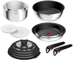 Tefal puodų ir keptuvių rinkinys su nuimamomis rankenomis Pilnas komplektas Suderinamas su indukcine ir dujine virykle Komplekte yra 2 specialios rankenos Be kenksmingų sidabras