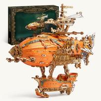 FUNPOLA 3D Dėlionė Medinė Dėlionė Fantazijos Dirigablis Steampunk PASIDARYK PATS Kūrybinis Rinkinys Konstruktorius Edukacinis Žaislas su LED Lemputėmis Suaugusiems ir Vaikams Sudėtingas Modelis oranžinė