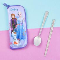 Lilpang Frozen 2 stainless steel spoon + safety zipper case set, mixed colors, 1 set, spoon + chopsticks + case pink