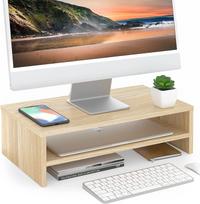 FITUEYES Monitor Desktop Computer Wooden Desktop PC Computer Rack with Keyboard Oak Stand, Stand, 2-Tier Stand, 42.5cm Wide, Top, Stand, Storage, gray