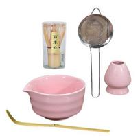 5 vnt. japoniškas matcha arbatos rinkinys: snapelis, matcha dubenėlis, bambukinis šluotelė ir laikiklis, sietelis, samtelis, amatininkų matcha ruošimo rinkinys rožinė