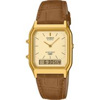 [Casio] Senovinės serijos Ana-Digi kvarcinis laikrodis AQ-230EGL-9A, Unisex, Dvigubas laikas, Auksinis su rudu odiniu dirželiu, Importo modelis beige