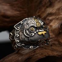 Men's Retro Personality Trend Sterling Silver Opening Pixiu Ring brown