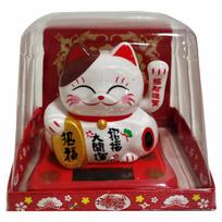 Brought Good Fortune and Connections Q-FLA Solar-Powered Maneki-Neko (Lucky Cat) Ornament, 794735, White, balta
