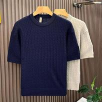 Men's Cable Knit Short Sleeve Sweater Crew Neck Casual Knit Top S tamsiai mėlyna spalva