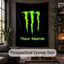 Personalized Wall Tapestry,Monster Energy Custom Text, Soft Fabric Wall Art For Indoor Decoration 150cmx200cm black