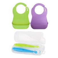 Beberac soft baby food bib 2p + silicone feeding spoon 2p, bib (green, purple), spoon (blue, green), 4 pieces green