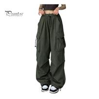 Lady Trousers Women Cargo Pants Hip Hop Baggy Solid Color Multi Pockets Elastic Waist Match Top Loose Breathable Clothes M armijos žalia spalva