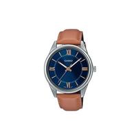 Casio STANDARD serijos atsparus vandeniui gyvybei kvarcinis mechanizmas odinis dirželis Japonijos ir Korėjos laikrodis vyriškas laikrodis mėlynas ciferblatas MTP-V005L-2B5 mėlyna