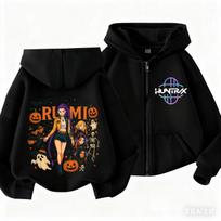 KPop Demon Hunters Zipper Hoodie Cartoon Girls Coat Fashion Thin Clothes Purple Autumn Halloween style Hoodie Jacket Kids Anime Sweatshirt Gift 140 black