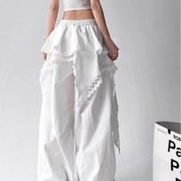 High Quality Lace Tiered Skirt Baggy Full Length Pants Hip Hop Dance Sexy Women Girls Casual Summer Trousers Elastic Drawstring XL balta