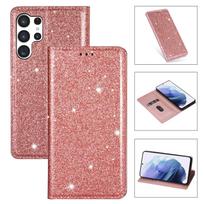 Blizgantis atlenkiamas dėklas telefonui Samsung S26 Ultra S25 Plus S24 S23 FE A17 A37 A57 A16A36 A56 Piniginės Kortelės Magnetinis Knygos Dangtelis Galaxy A57 rožinė