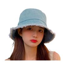 Bucket Raw UV Wide Brim Hat, Denim, Fringe, Women's, Hem, Foldable, Protection, (Washed Denim) gray