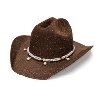 Hot-selling western cowboy hat, pearl pendant big eaves hat, European and American women's beach vacation sunshade top hat black