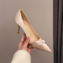 2026 autumn new pointed pearl satin wedding high heels thin heel pointed widened and fattened large size single shoes women 39 beige