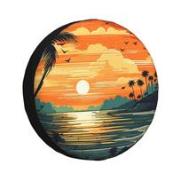 Tropical Sunset Palm Beach Spare Tire Cover Waterproof UV Sun Protector for SUV Truck 14inch orange