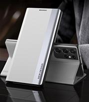 Samsung Galaxy S21 Ultra 5G šoninis galvanizuotas magnetinis itin plonas horizontalus atverčiamas odinis dėklas su laikikliu For Samsung Galaxy S21 Ultra 5G sidabras