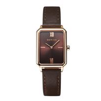 BERING Rectangle Ladies Unisex Watch Brown Leather Rose Gold Case Sapphire Glass Stainless Steel 17423-565 auksas