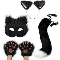 Pliušinis Helovino Cosplay Rinkinys: Katės Kaukė, Lapės Uodega, Vilko Ausys ir Letenų Pirštinės One Size