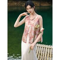 XWI Women's New Chinese Style Jacquard Frog Button Two-Piece Set L beige