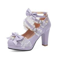 Lolita Shoes Japanese Pearl Bow JK Sweet Cute Strap Super High Heel Round Head Student Shoes Kawaii Tea Party 41 violetinė