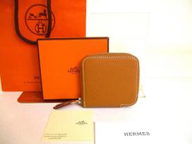 Authentic HERMES Brown Veau Epson SILK'IN LINE Coin Purse Azap Compact Mini #a031  Open box