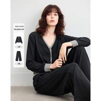 Women's Spring Two-Piece V-Neck Top & Wide-Leg Pants Set M tamsiai pilka spalva