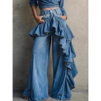 Asymmetrical Ruffle High Waist Baggy Jeans Women Washed Wide Leg Denim Trousers Streetwear XXL gray