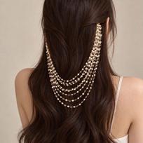 Elegant Multi-Layer Pearl Hair Hoop Women Wedding Bridal Gown Accessory Statement Headband With Rhinestone Chain Detail Gold-tone Multi-layer Tassel Headband brown