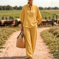 Womens Linen 2-Piece Set 2026 Button-Up Top Wide-Leg Pants Casual Outfit XXXL geltona