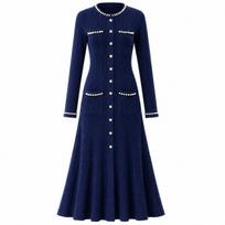 Fashionable Design Twisted-Pattern Pearl Beaded Round-Neck  Knitted Dress for Women Elegant Long Sleeve Single-breasted Slim Pullover Sweater Dress One Size