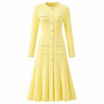 Fashionable Design Twisted-Pattern Pearl Beaded Round-Neck  Knitted Dress for Women Elegant Long Sleeve Single-breasted Slim Pullover Sweater Dress One Size