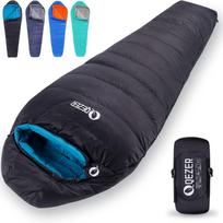 QEZER Miegmaišis, Žieminis Pūkinis Miegmaišis, Mumijos Forma, Plunksninis Miegmaišis, Užpildytas nuo 500g iki 1500g pūkų, Kompaktiškas, 600FP Aukštos Kokybės Pūkai, black