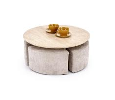 RINKINYS Konferencinis staliukas NUGAT Ø 80 cm + 4x pufai travertinas/pilka
