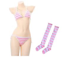 Masonanic Striped Bikini, Thongs, Pants, Bra, Knee-highs, 3-piece Set, Cosplay, Micro Triangle Bikini (Pink) white