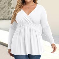 Women's Plus Size Shirt Long Sleeve  Print Top Pleated Casual V-Neck Top XL balta