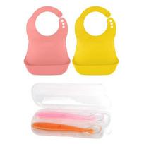 Beberac soft baby food bib 2p + silicone feeding spoon 2p, bib (peach pink, mustard), spoon (pink, orange), 2 pieces yellow