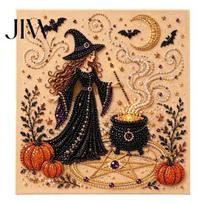 Seasonal Fall Craft Project Halloween Faux Pearl Art DIY Kit, 3D Bead Embroidery Set, Spooky Unique Home Decor Ghost Goat Witch Wall Art, for Adults, C