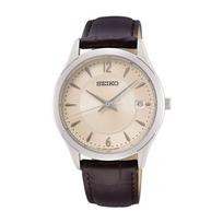 Seiko Analog Quartz Watch with Leather Strap SUR421P1 Silver Strap Men's beige