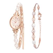 Romėniškas analoginis rožinis mados dovana merginai Moteriškas riešo laikrodis, apyrankė, bangle, laikrodis, 2 dalių rinkinys, skaitmuo, ekranas, perlas, mielas, stilingas, auksinis, rožinio aukso spalvos