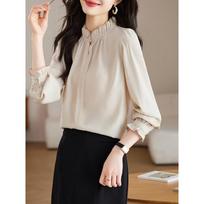 La Chapelle French Lace Stand-up Collar Long Sleeve T-Shirt L gray