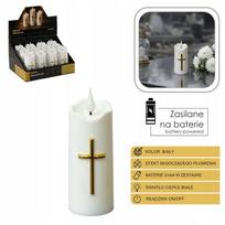 LED žvakė į žvakidę Chomik Gdów, 5 × 13 cm, balta su auksiniu kryžiumi