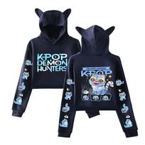 Kpop Demon Hunters Figures Girls Short Cat-Eared Hoodie for Autumn and Winter Casual Sweatshirt Outfit S tamsiai mėlyna spalva