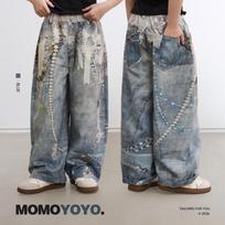 Chenchen Mom Girls' Pearl Lace Blue Wide-Leg Pants 150 gray