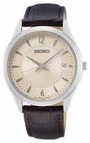 Seiko Analog Quartz Watch with Leather Strap Men's SUR421P1, Silver, Strap. gray