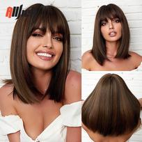 Vidutinio ilgio sluoksniuotų plaukų perukai Šviesūs Golden Ombre sintetinis perukas su kutais moterims Cosplay Color Wigs karščiui atsparūs plaukai brown